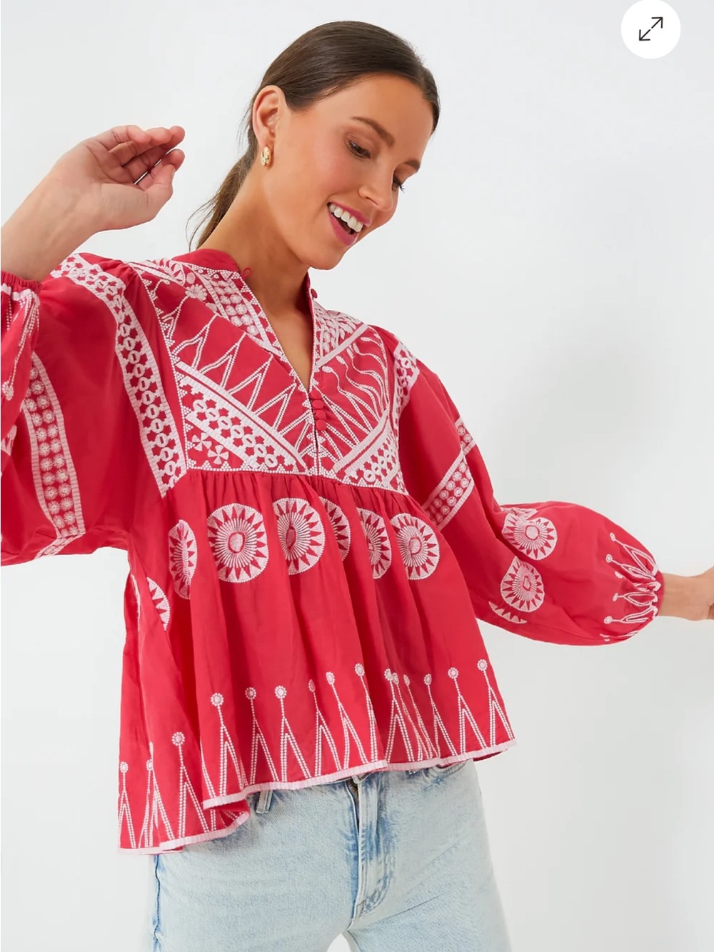Tuckernuck OLIPHANT Soleil Red Mandarin Balloon Sleeve Small Embroidered
